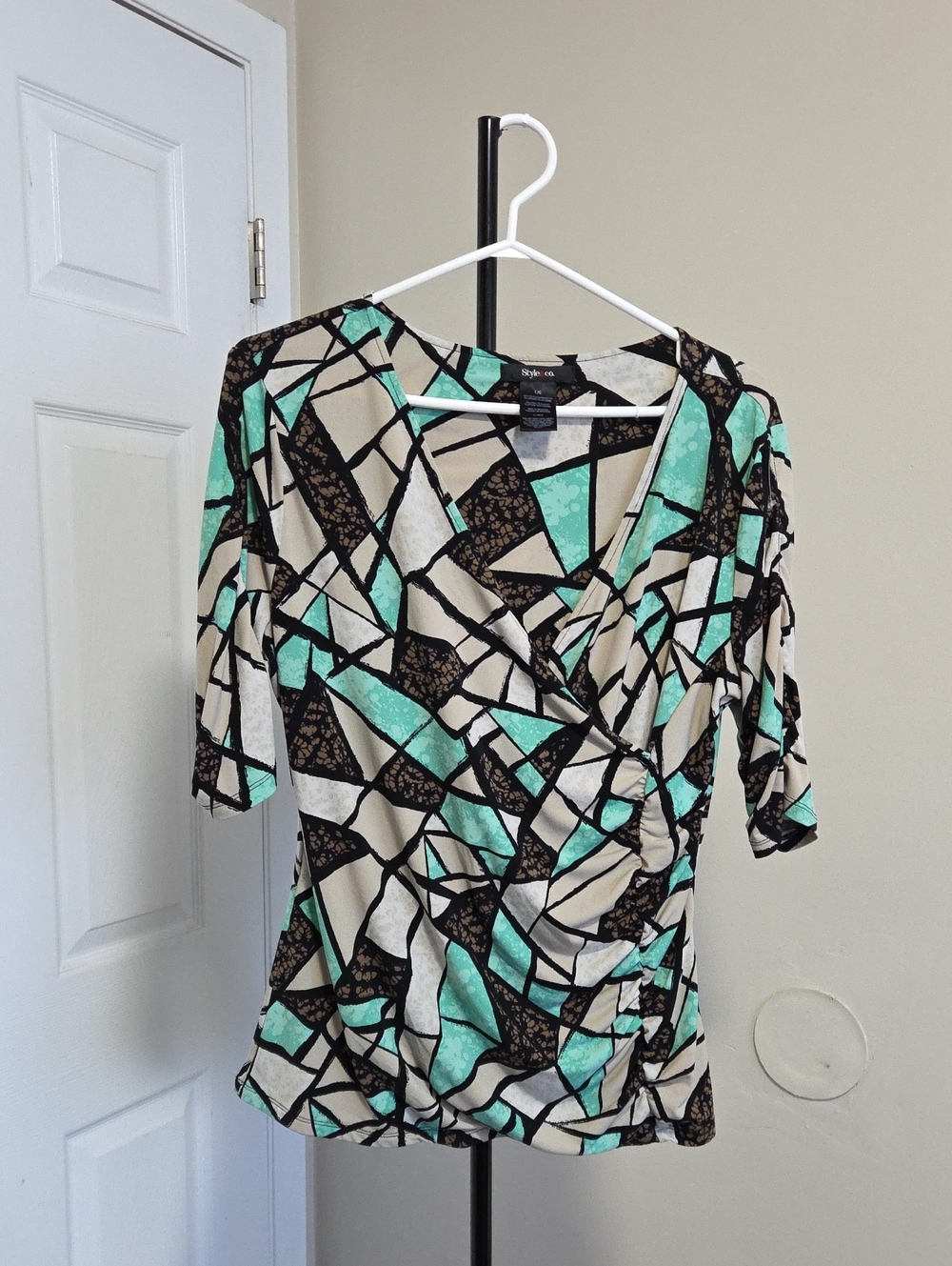 Style & Co. Ruched V-Neck Abstract Print Top in Mint, Black & Cream